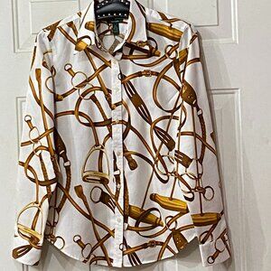 Lauren Ralph Lauren No Iron Sz M Blouse Shirt Belting White/Brown Long Sleeve
